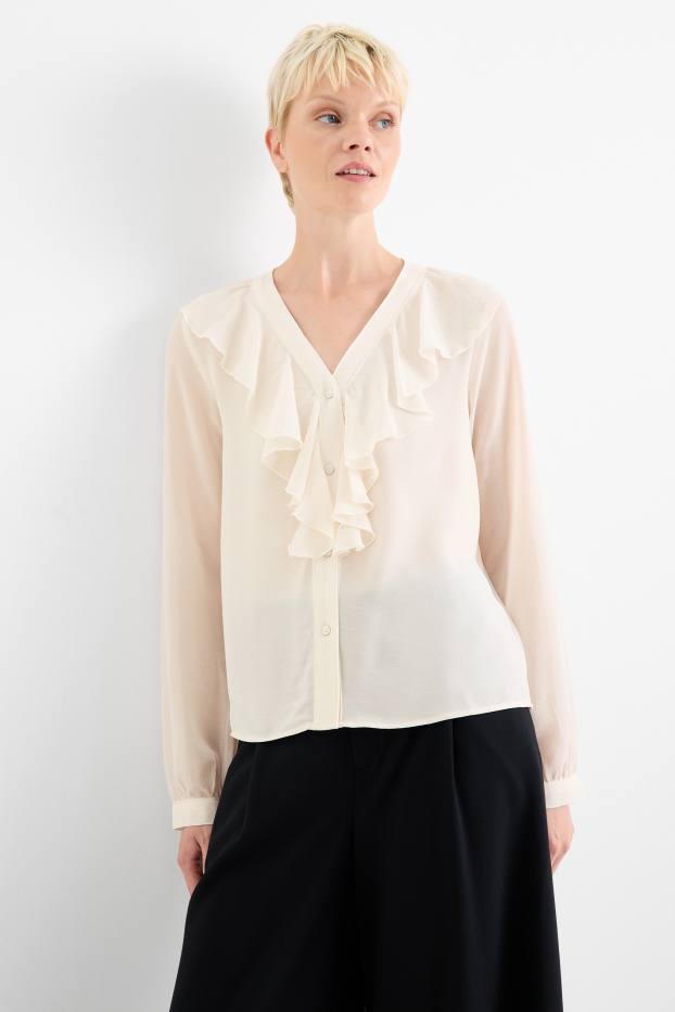 Damen - Bluse mit V-Ausschnitt - cremeweiß