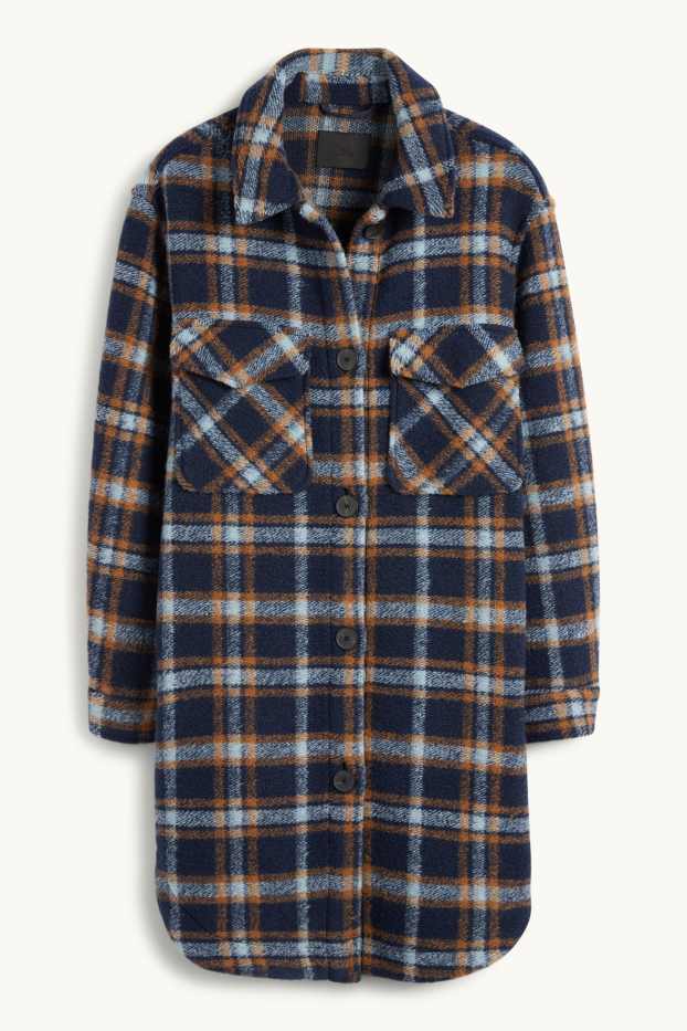 Women - Knitted coat - check - dark blue