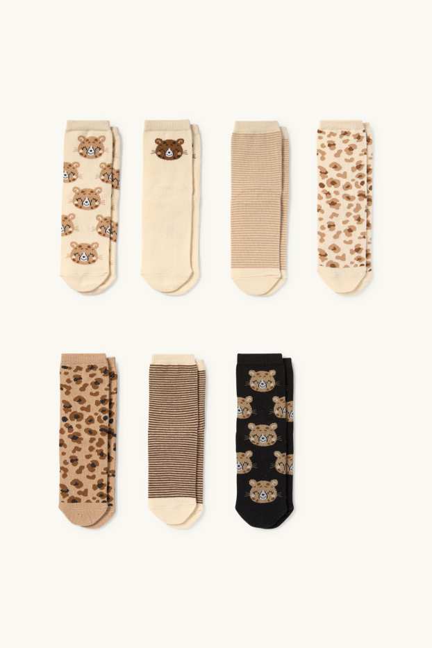 Children Girls - Multipack of 7 - leopard - socks with motif - beige