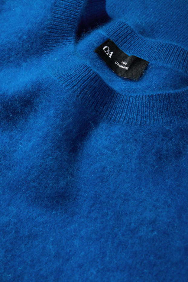 Women - Knitted cashmere jumper - short sleeve - blue