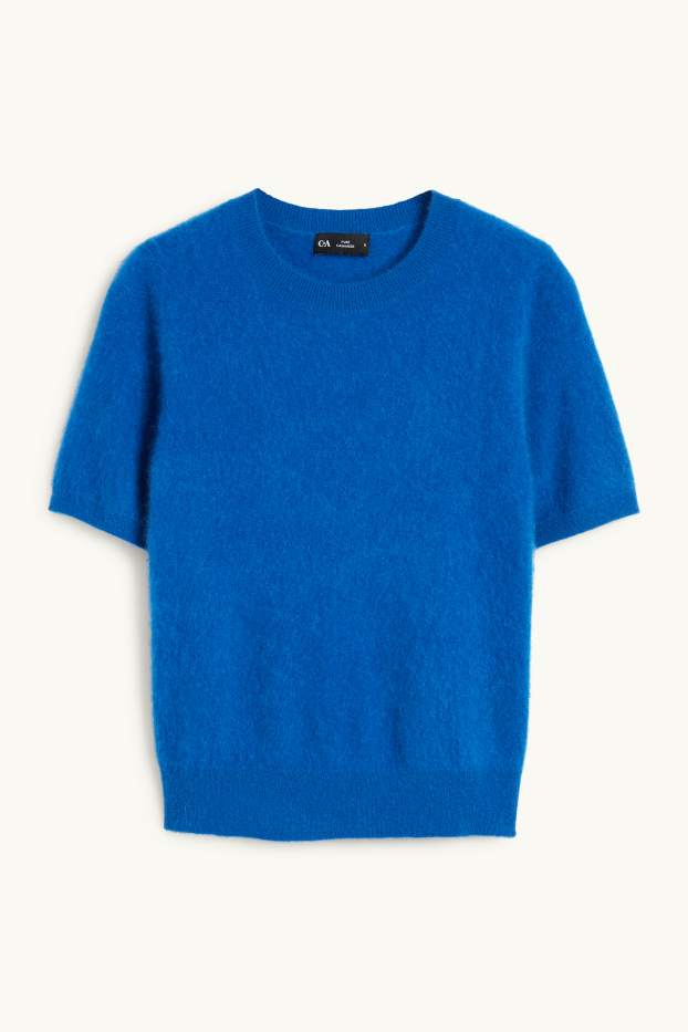 Women - Knitted cashmere jumper - short sleeve - blue