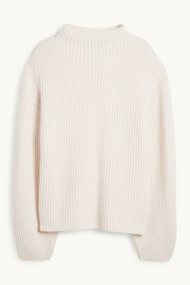 Femmes - Pull en cachemire - finition côtelée - blanc crème
