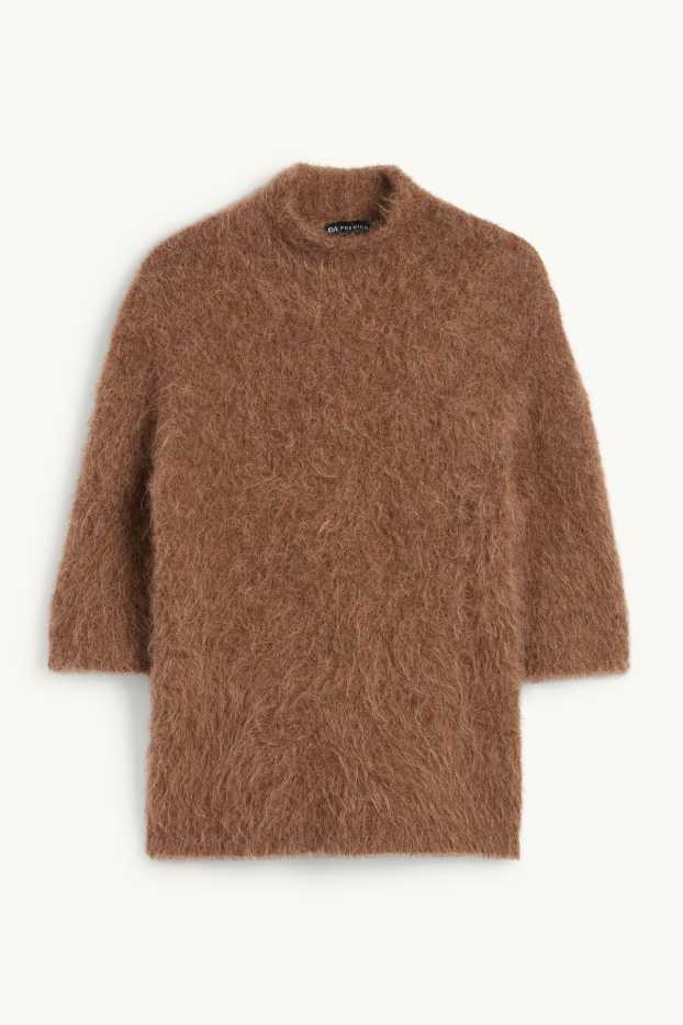 Dámské - Pletený svetr - s krátkým rukávem - směs alpakové vlny - hnědá