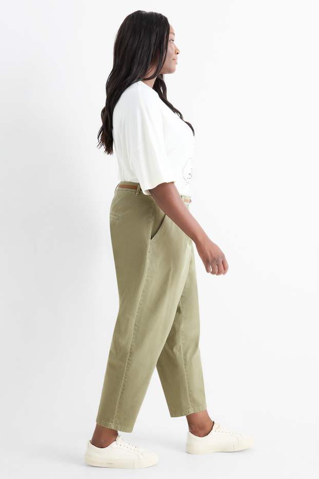 Damen - Stoffhose mit Gürtel - High Waist - Barrel Leg - khaki