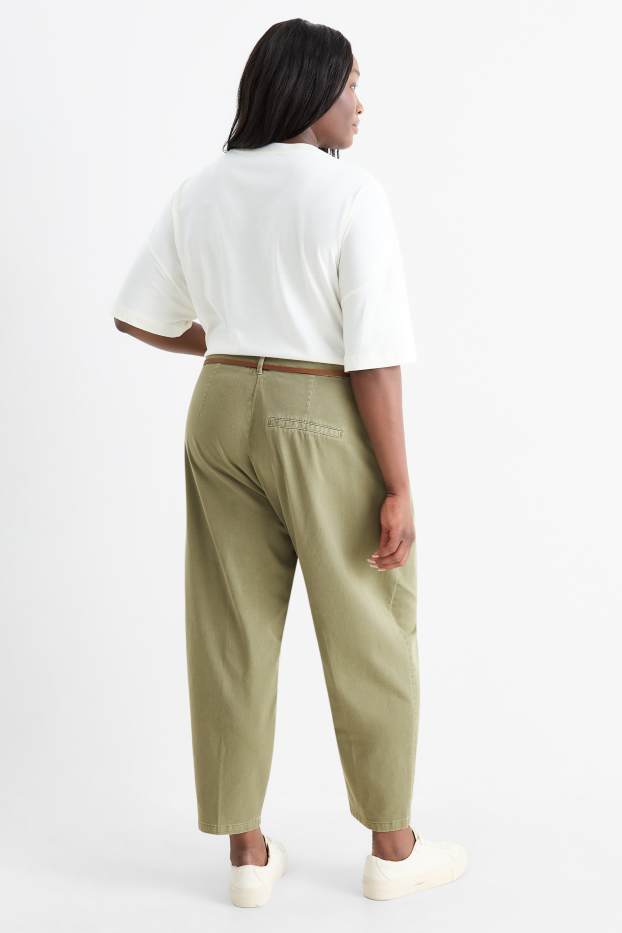 Damen - Stoffhose mit Gürtel - High Waist - Barrel Leg - khaki