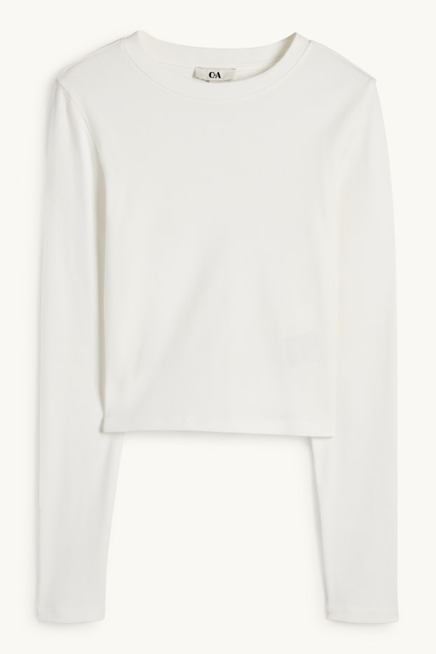 Femmes - Haut court à manches longues - finition côtelée - blanc