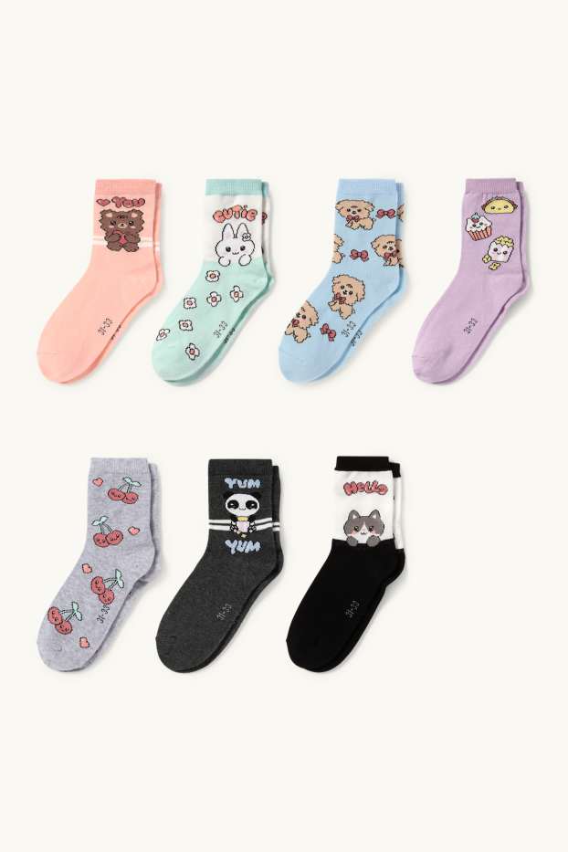 Enfants filles - Lot de 7 paires - Kawaii - chaussettes de tennis à motif - noir