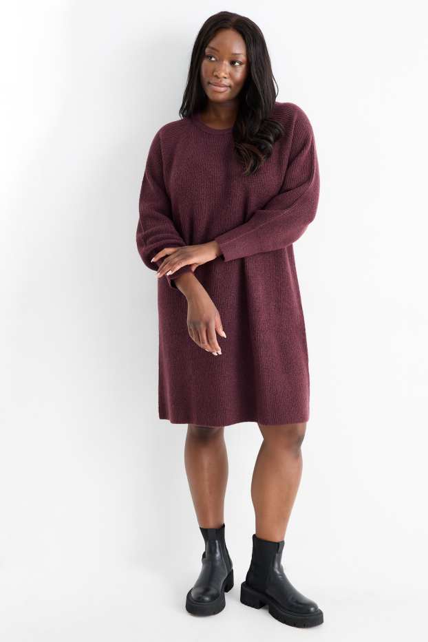 Femei - Rochie tricotată - reiată - bordo