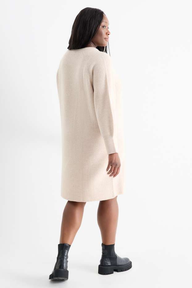 Women - Knitted dress - ribbed - light beige