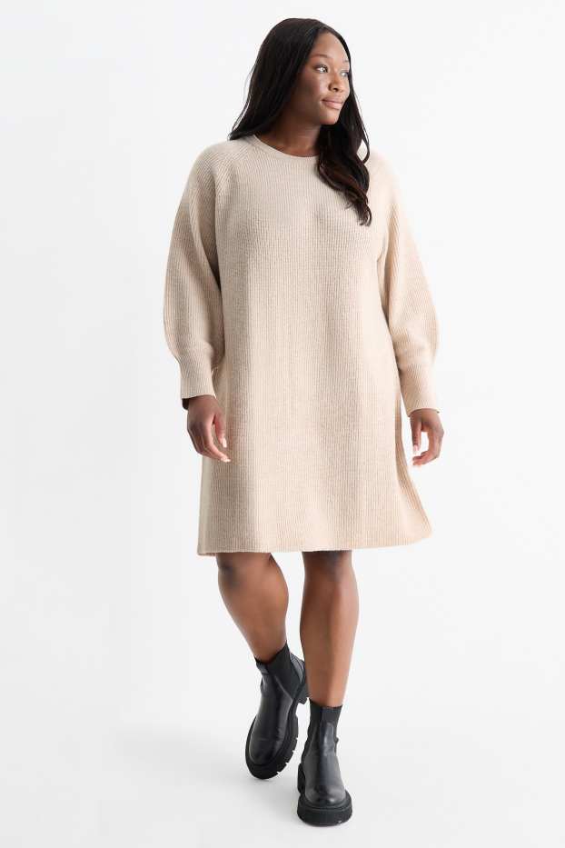 Women - Knitted dress - ribbed - light beige