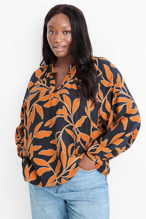 Femmes - Chemisier à col V - à fleurs - noir