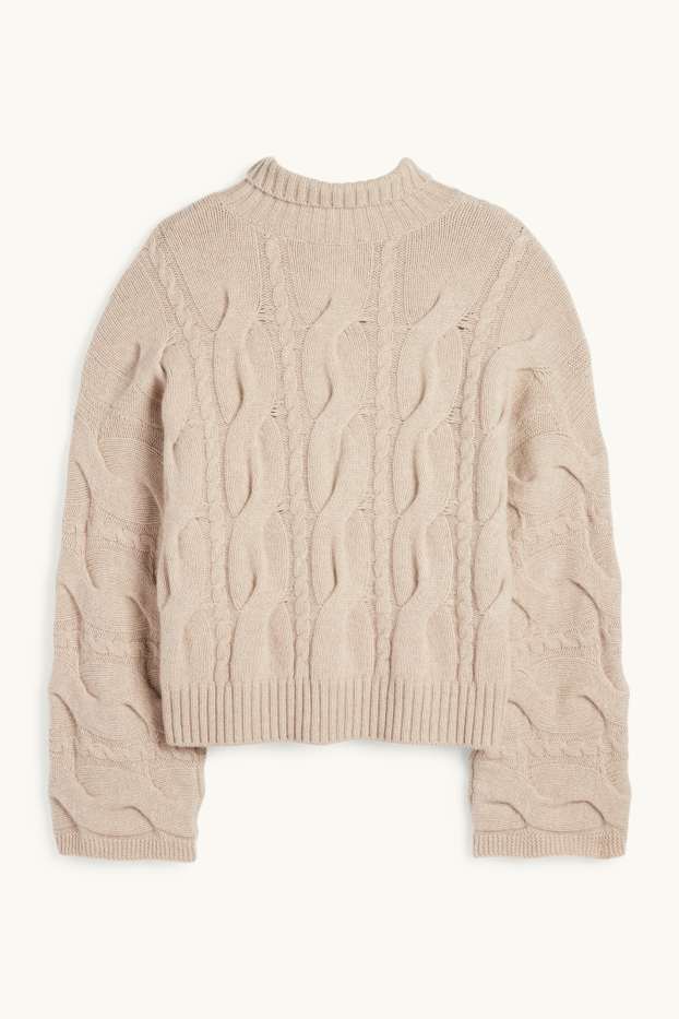 Damen - Kaschmir-Rollkragenpullover - Zopfmuster - beige