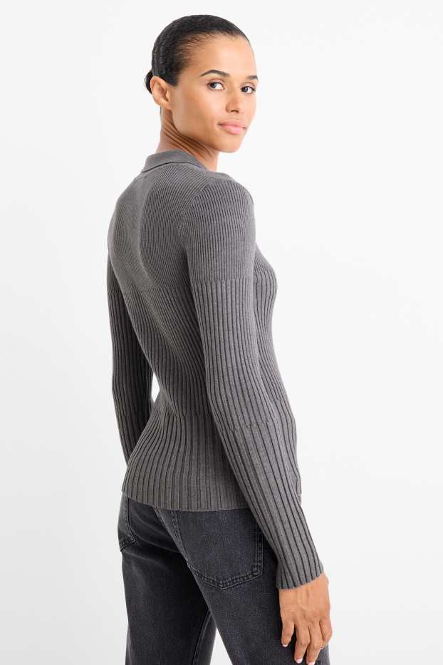 Women - Jumper - ribbed - gray