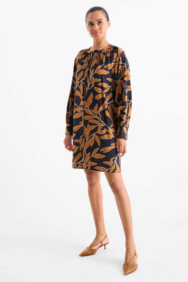 Mujer - Vestido de línea evasé - de flores - negro / beis