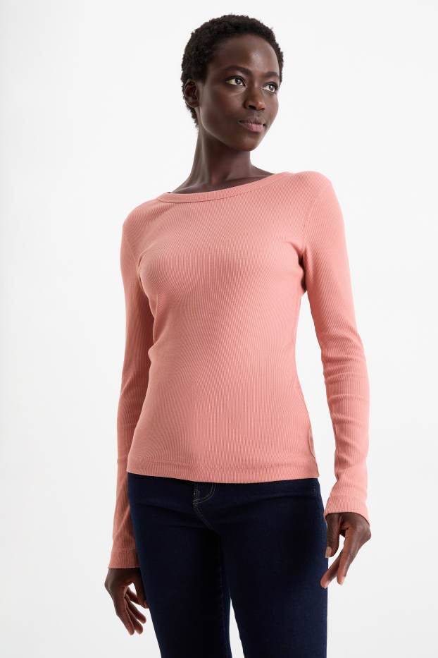 Femmes - Lot de 2 - haut à manches longues - slim fit - finition côtelée - rose foncé