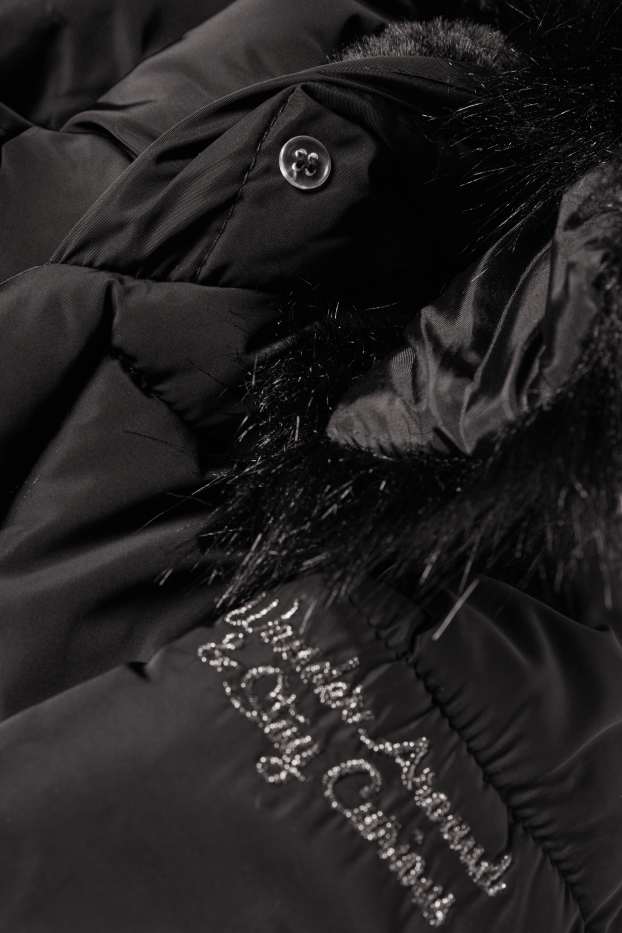 Kinder Mädchen - Steppjacke mit Kapuze und Kunstfellbesatz - schwarz