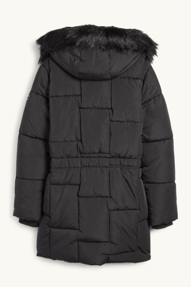 Kinder Mädchen - Steppjacke mit Kapuze und Kunstfellbesatz - schwarz