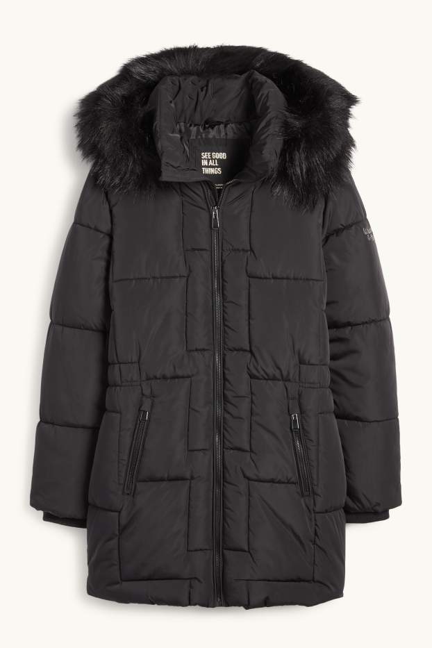 Kinder Mädchen - Steppjacke mit Kapuze und Kunstfellbesatz - schwarz