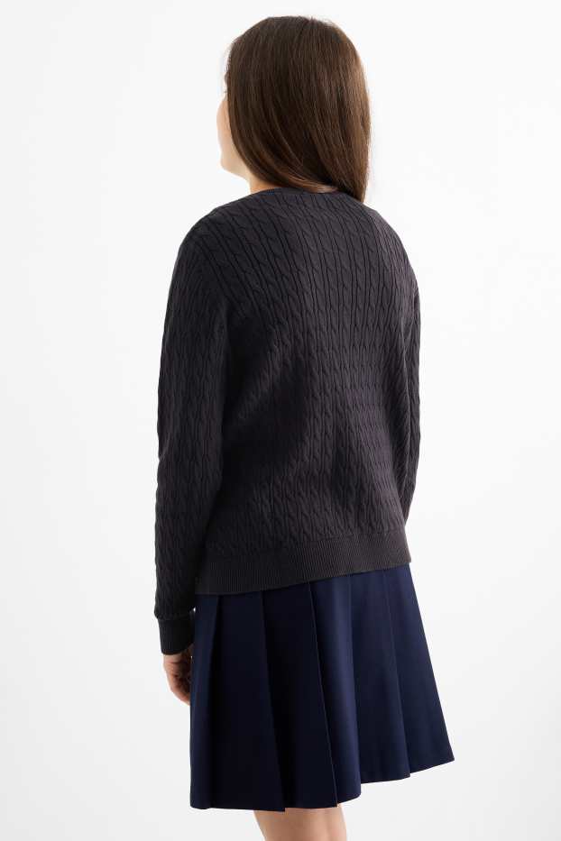 Children Girls - Cardigan - cable knit pattern - black