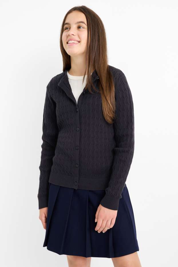 Children Girls - Cardigan - cable knit pattern - black