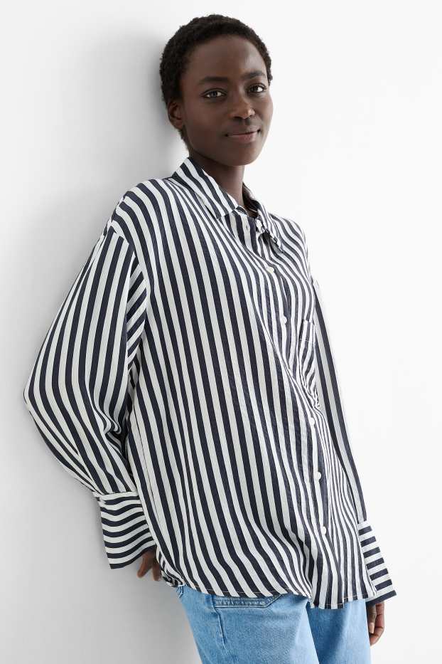 Women - Blouse - striped - dark blue / white