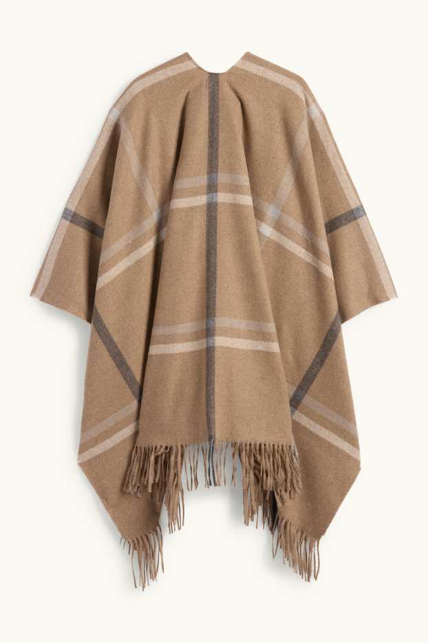 Femmes - Poncho à franges - à carreaux - marron clair