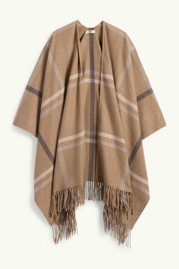 Femmes - Poncho à franges - à carreaux - marron clair