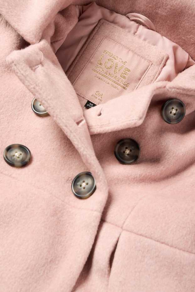 Kinderen: meisjes - Mantel met capuchon en imitatiebontrandje - gevoerd - fuchsiarood