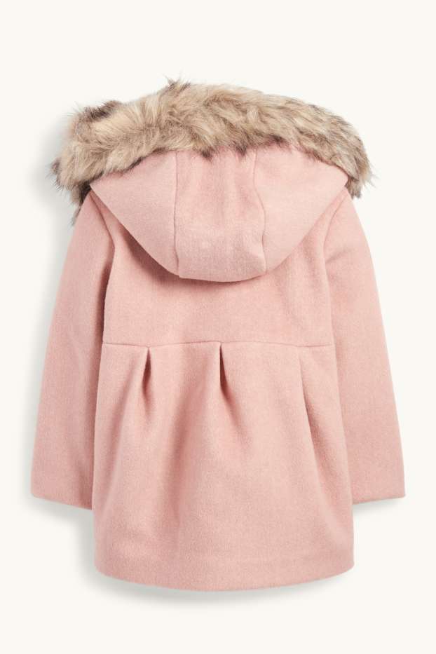 Kinderen: meisjes - Mantel met capuchon en imitatiebontrandje - gevoerd - fuchsiarood