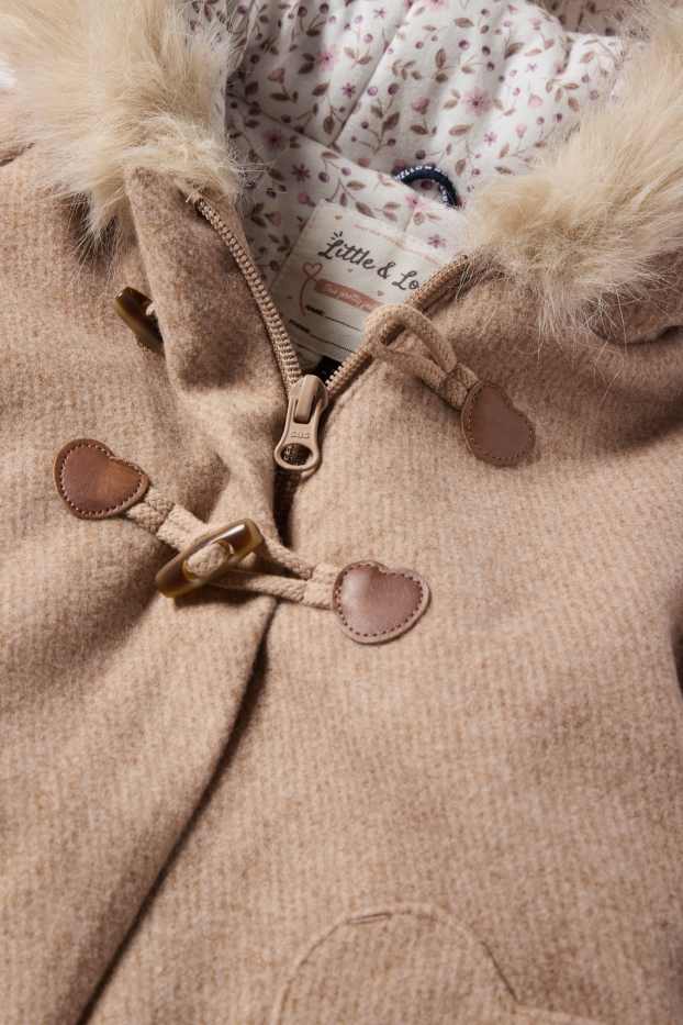Baby Mädchen - Herz - Baby-Mantel mit Kapuze und Kunstfellbesatz - hellbraun