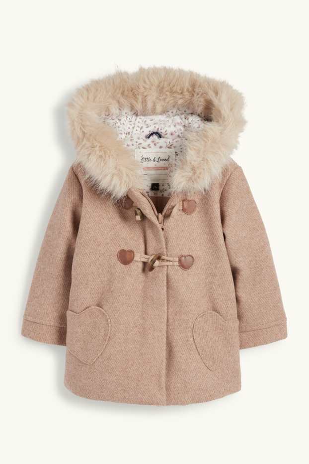 Baby Mädchen - Herz - Baby-Mantel mit Kapuze und Kunstfellbesatz - hellbraun