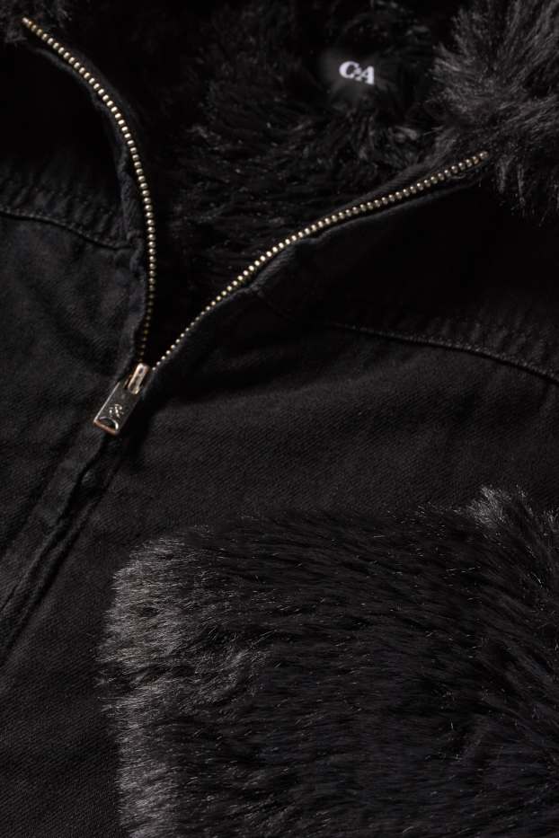 Dámské - Džínová bunda s detaily z umělé kožešiny - s výplní - černá