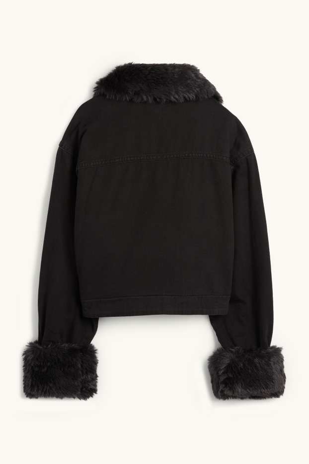 Dámské - Džínová bunda s detaily z umělé kožešiny - s výplní - černá