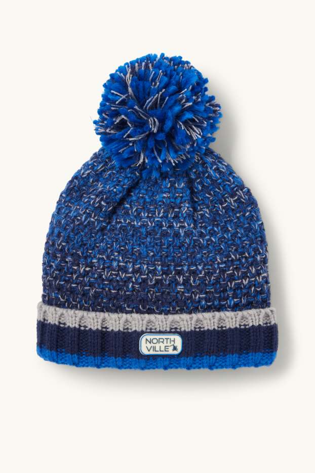 Kinderen: jongens - Muts met pompon - met patroon - met structuur - blauw