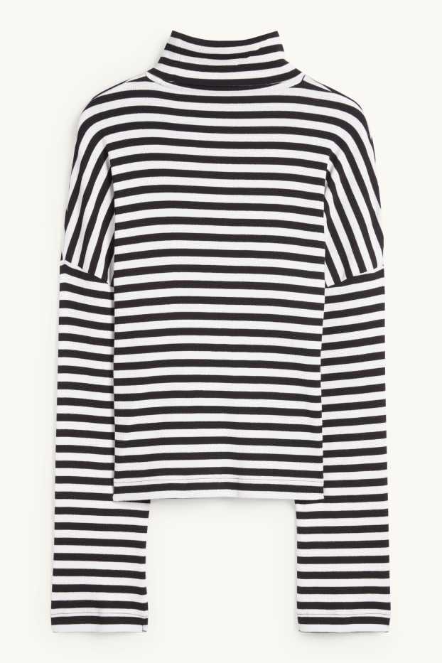 Dames - Shirt met rolkraagje - ribstof - met strepen - zwart / wit