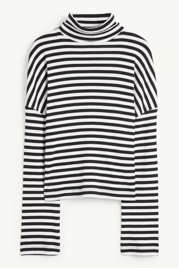 Dames - Shirt met rolkraagje - ribstof - met strepen - zwart / wit