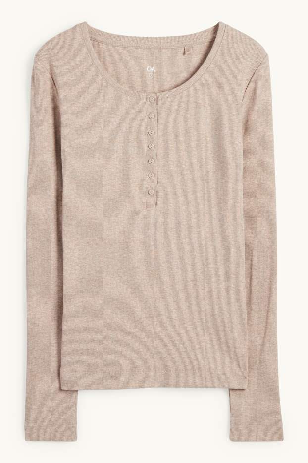 Women - Henley T-shirt - slim fit - ribbed - light brown