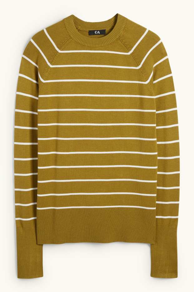 Femei - Pulover din tricot fin - cu dungi - galben muștar