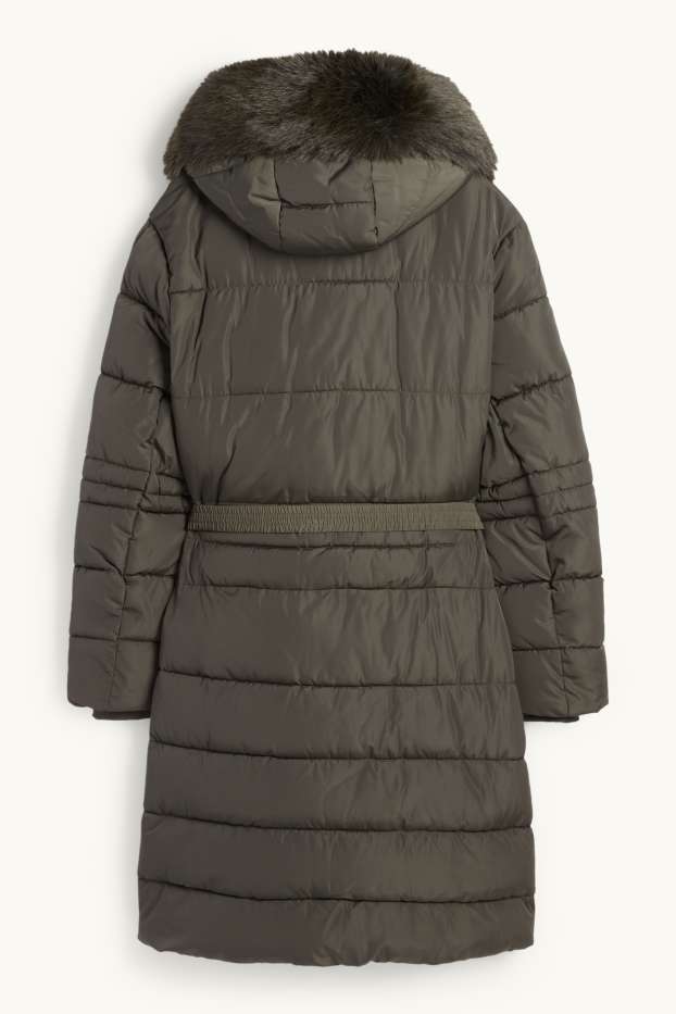 Dona - Abric embuatat amb cinturó, caputxa i rivet de pèl sintètic - verd