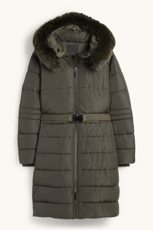 Dona - Abric embuatat amb cinturó, caputxa i rivet de pèl sintètic - verd