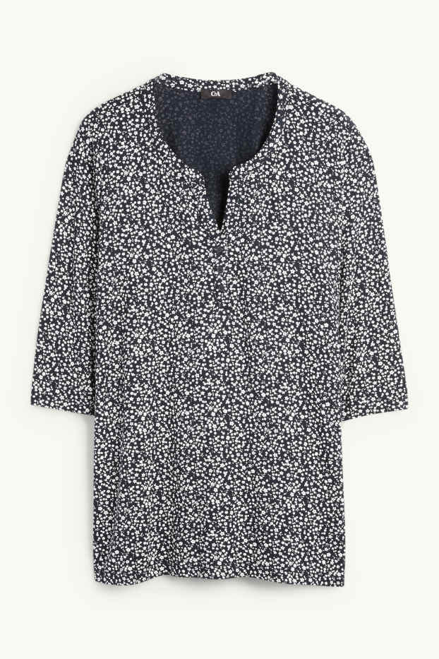 Damen - T-Shirt mit V-Ausschnitt - geblümt - dunkelblau