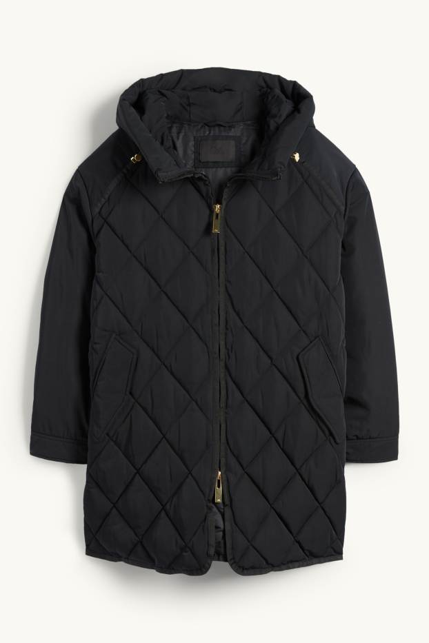 Femmes - Doudoune longue à capuche - finition déperlante - noir