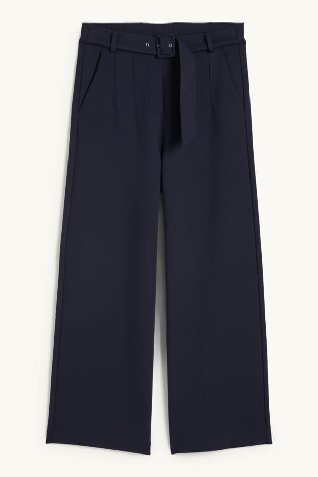 Women - Jersey trousers with belt - high-rise waist - wide leg - dark blue