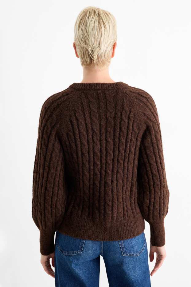Women - Jumper - cable knit pattern - dark brown