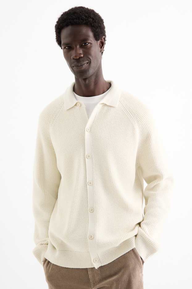 Bărbați - Cardigan tricotat - reiat - alb-crem