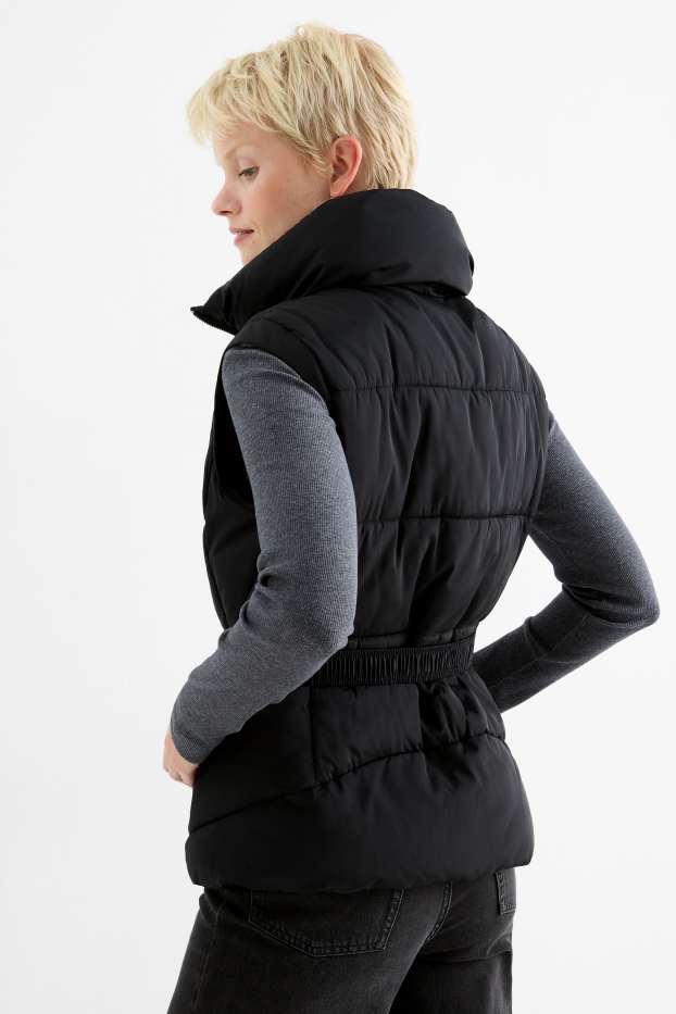 Damen - Steppweste mit Gürtel - schwarz