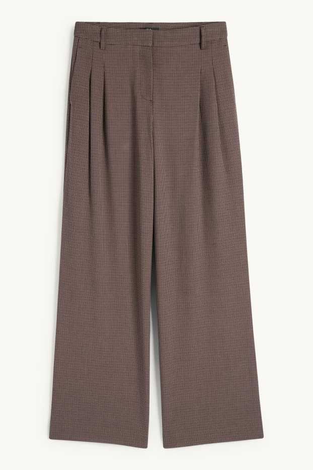 Dames - Pantalon - mid waist - wide leg - geruit - bruin