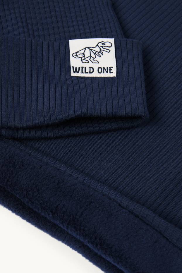 Kinder Buben - Dino - Set - Mütze und Loop Schal - gerippt - 2 teilig - dunkelblau