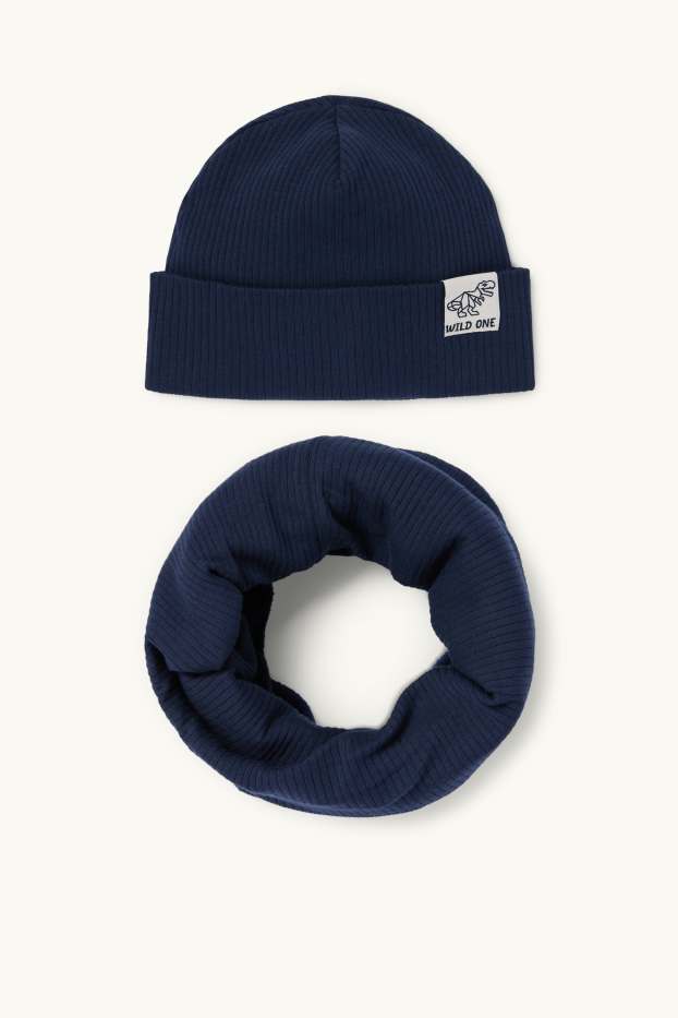 Kinder Buben - Dino - Set - Mütze und Loop Schal - gerippt - 2 teilig - dunkelblau