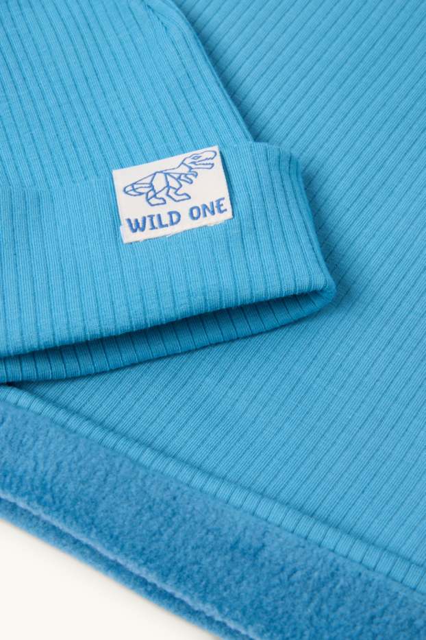 Kinder Jungen - Dino - Set - Mütze und Loop Schal - gerippt - 2 teilig - blau